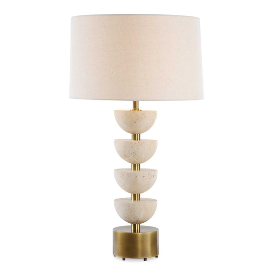 The Hemisphere Table Lamp Features Stacked Travertine Half-spheres Paired With Plated Antique Brass Details.