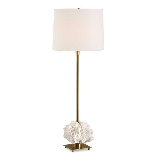 The Caronia Buffet Lamp Showcases An Ivory Toned Coral Sculpture, Accented With Antique Brass Plated Iron Details.