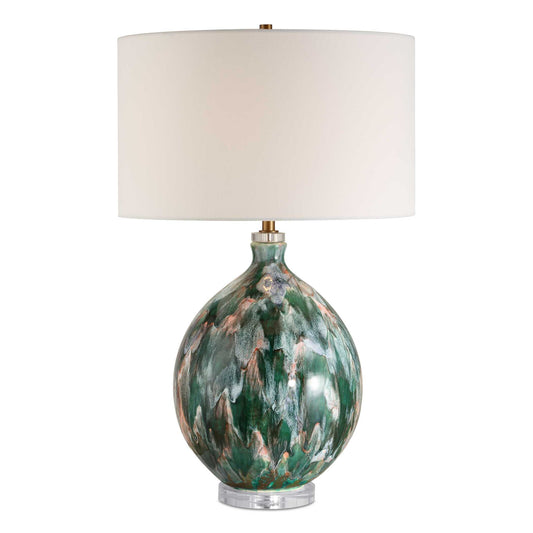 The Mihaela Table Lamp Resembles An Abstract Work Of Art. The Ceramic Base Is Adorned With An Ivory, Dark Green, And Subtle Salmon-toned Drip Glaze, Creating A Captivating Interplay Of Colors, Enhanced By Crystal Details And Brass Plated Accents.