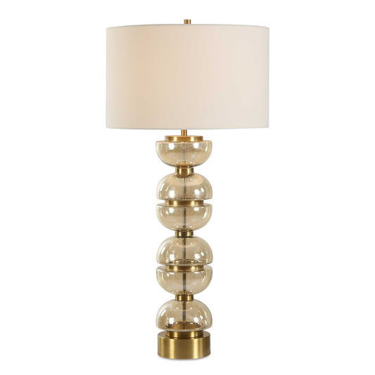 A Modern Statement Piece Featuring Stacked, Light Amber Glass Half-spheres And Luxurious Brass Plated Iron Accents.