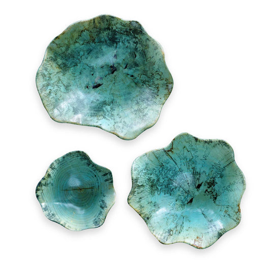 This Set Of Three Wood Wall Art Features Naturally Spalted Tamarind Wood, Finished In A Soft Blue-green. Because Each Is Individually Handcrafted, Sizes May Vary. Cracks And Variations In The Grain Are Natural To This Type Of Wood. May Be Hung On A Wall With Keyhole Hangers, Or Displayed As Tabletop Accessories.