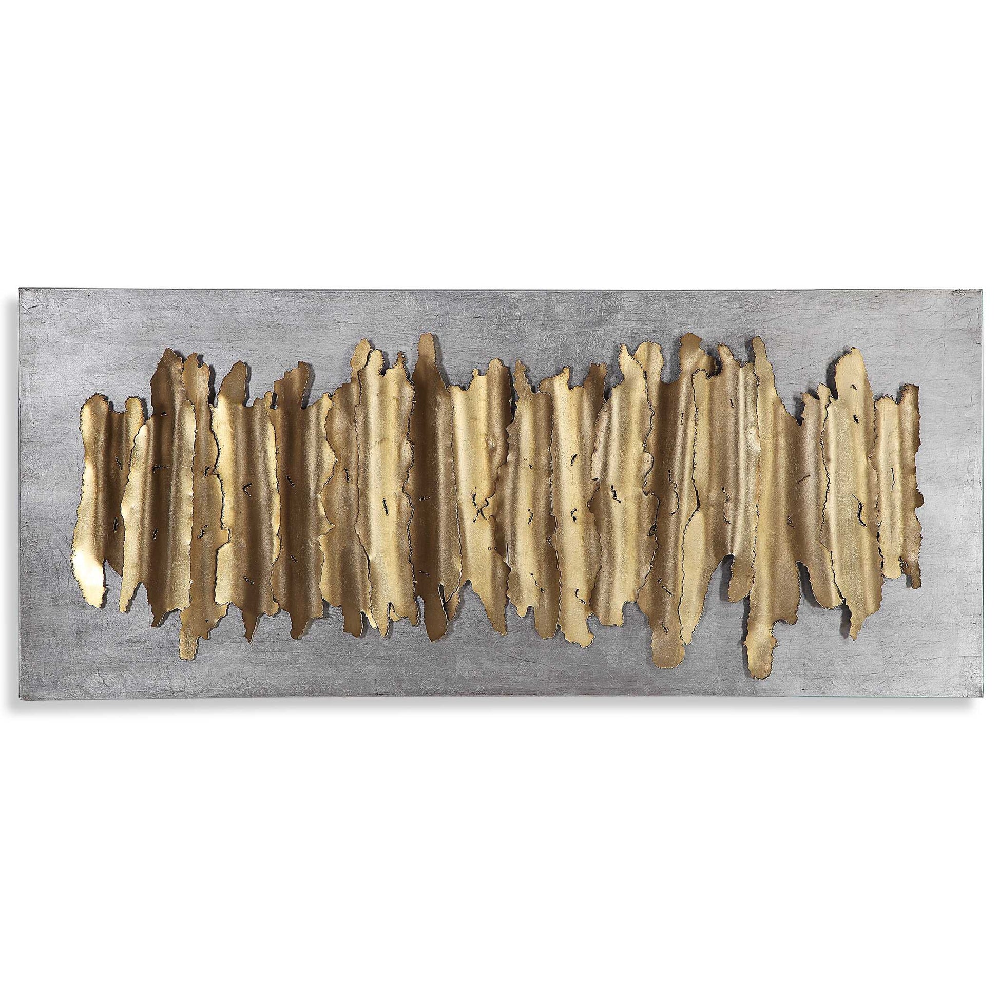 Iron Wall Art Featuring Layers Of Metal Strips With Crude Edging, Finished In An Antique Gold Leaf And Set On A Distressed Silver Leaf Iron Backing. May Be Hung Horizontal Or Vertical.