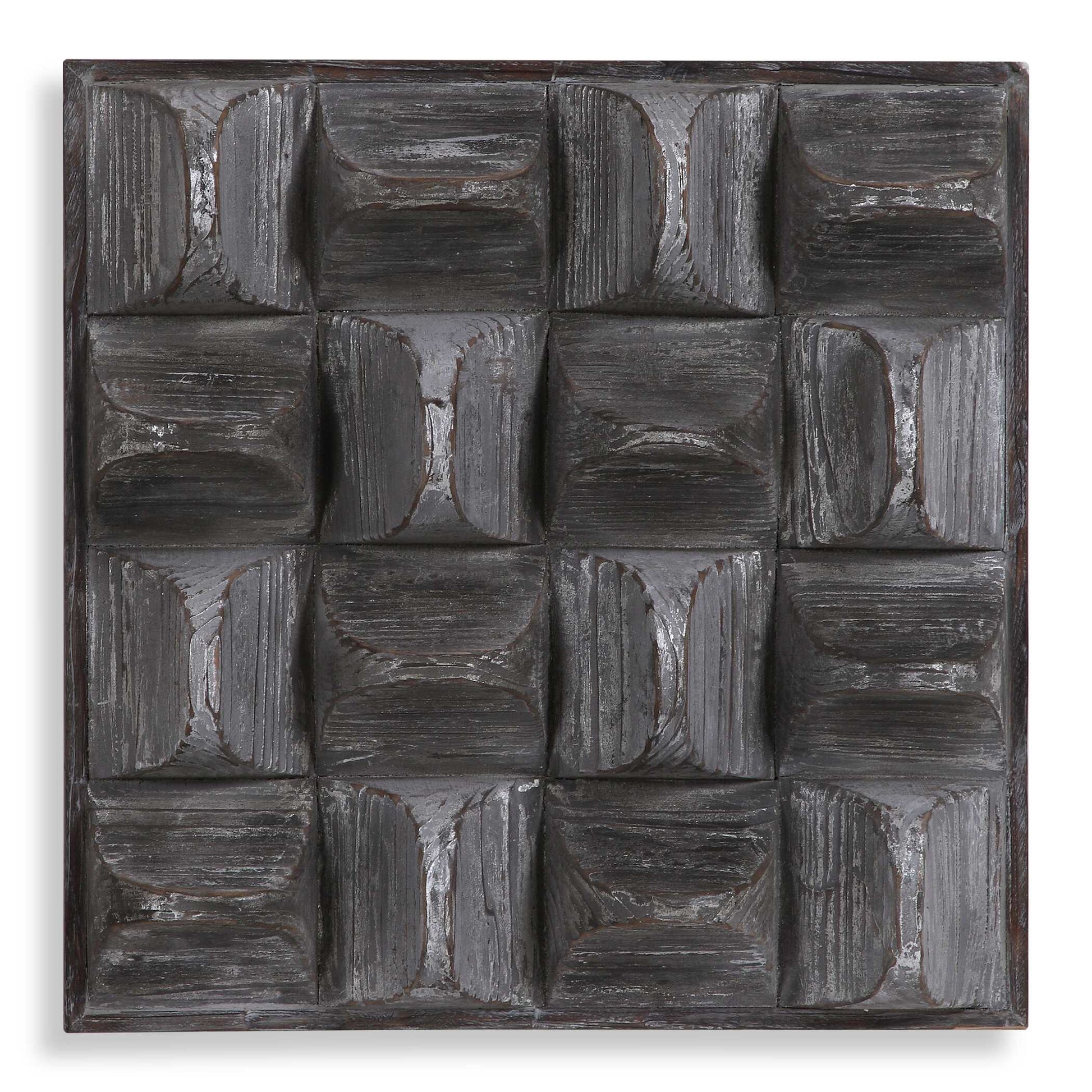 A Contemporary Take On Rustic Decor, This Wood Wall Panel Features 3-dimensional Scooped Fir Wood Blocks With A Distressed, Aged Gray Wash And Silver Highlights.