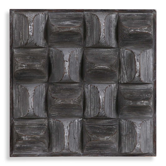 A Contemporary Take On Rustic Decor, This Wood Wall Panel Features 3-dimensional Scooped Fir Wood Blocks With A Distressed, Aged Gray Wash And Silver Highlights.