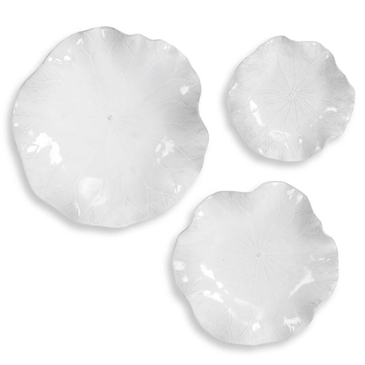A Trio Of Ceramic Flowers With Detailed Veining, Glazed In A Fresh White Tone. May Be Hung On Wall Or Used As Tabletop Accessory. Safe For Outdoor Use, But Protection From Freezing Temperatures Is Recommended. Sizes: Sm-11x3x11, Med-15x3x15, Lg-18x4x18