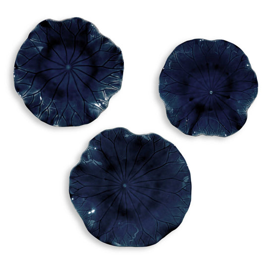 A Trio Of Ceramic Flowers With Detailed Veining, Glazed In A Rich Cobalt Blue. May Be Hung On Wall Or Used As Tabletop Accessory. Safe For Outdoor Use, But Protection From Freezing Temperatures Is Recommended. Sizes: Sm-11x3x11, Med-15x3x15, Lg-18x4x18