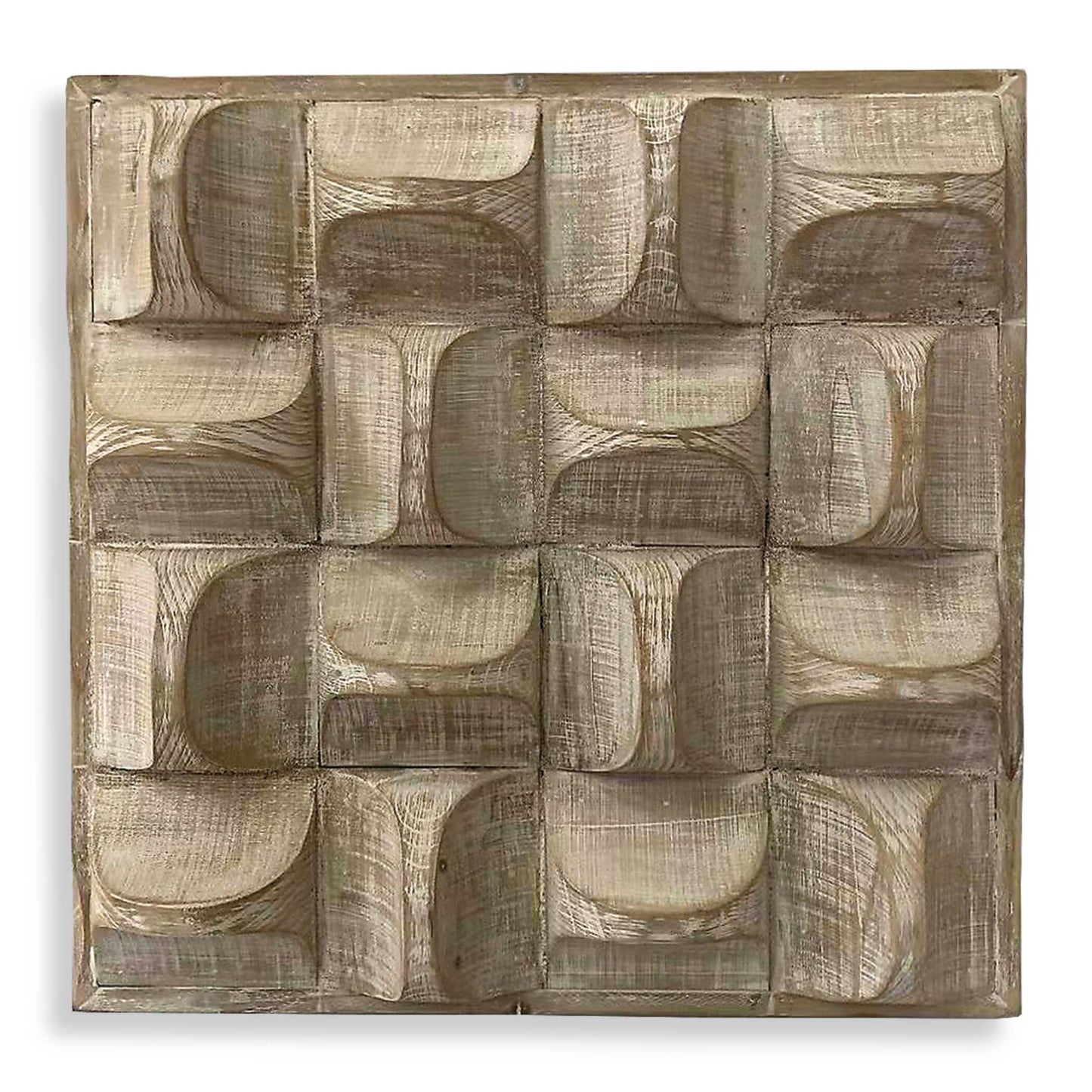 A Contemporary Take On Rustic Decor, This Wood Wall Panel Features 3-dimensional Scooped Fir Wood Blocks With A Distressed, Natural Wash And Ivory Highlights.
