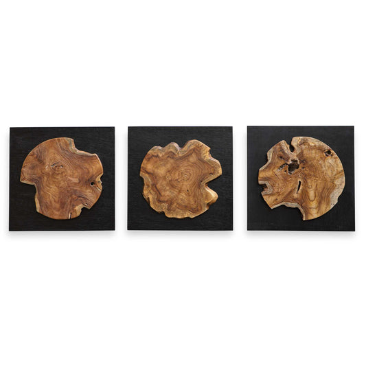 This Striking Set Includes Three Satin Black Wood Panels Featuring Deeply Grained Cross Sections Of Natural Teak Wood. Sizes And Grain Pattern May Vary Due To The Authentic Nature.
