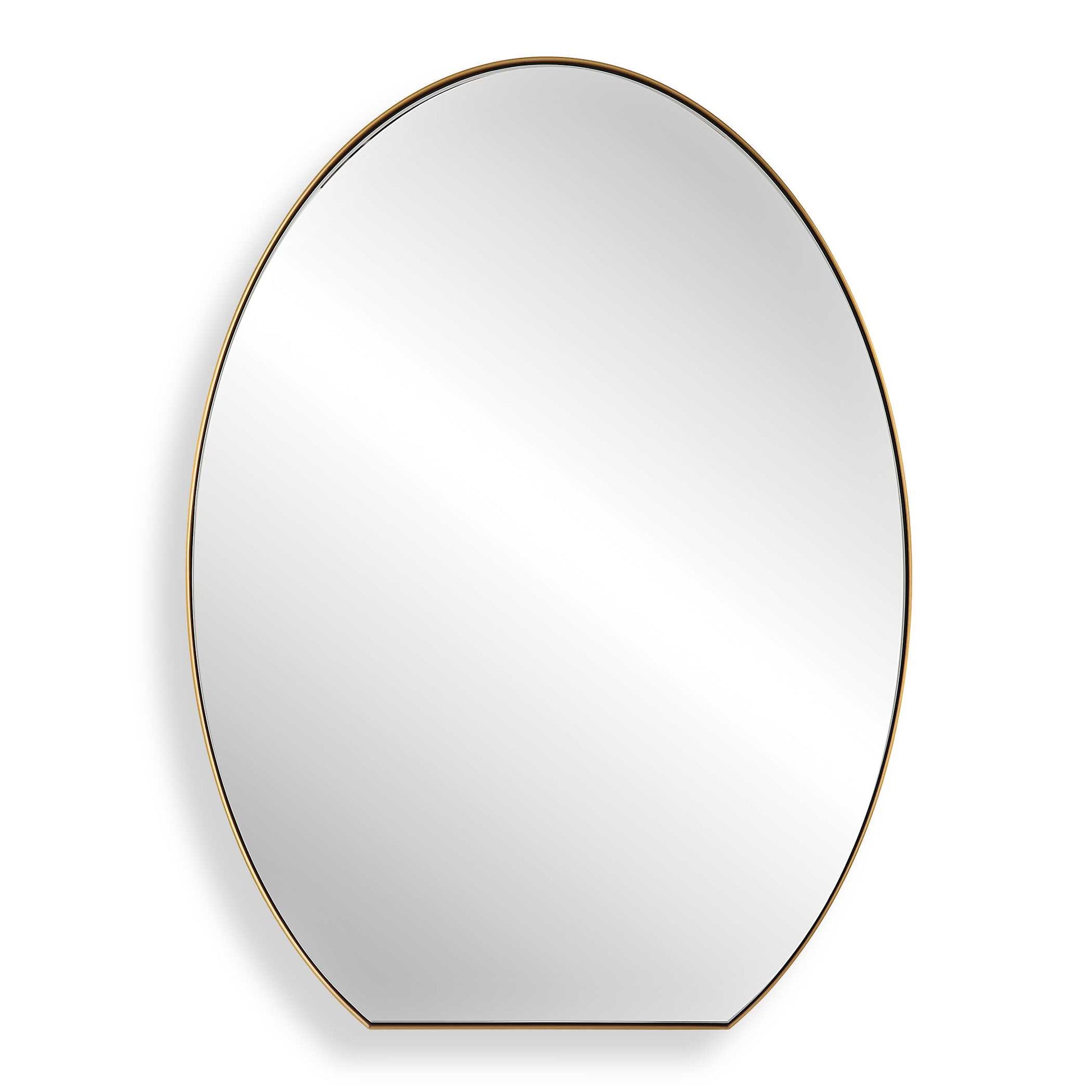 This Sleek Oval Mirror Features A Plated Brushed Brass Finish Over A Stainless Steel Frame That Surrounds A Floating Polished Edge Mirror.