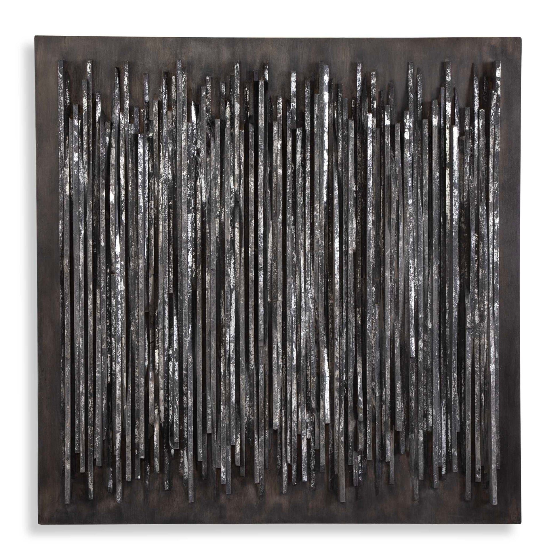 Slate-like Strips Of Teak Wood Emerge In Textured Formation. Finished In Fossil Gray And Accented With Silver Leaf Highlights Over A Heavily Aged Background With Natural Wood Undertones.