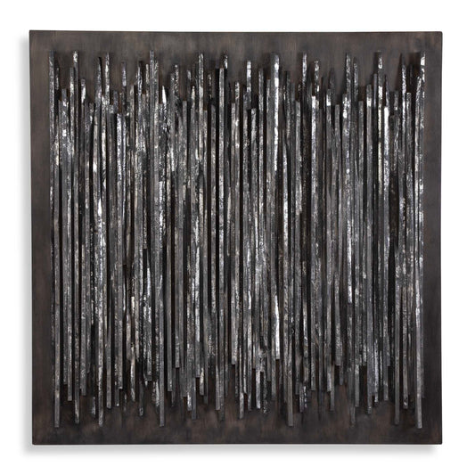 Slate-like Strips Of Teak Wood Emerge In Textured Formation. Finished In Fossil Gray And Accented With Silver Leaf Highlights Over A Heavily Aged Background With Natural Wood Undertones.
