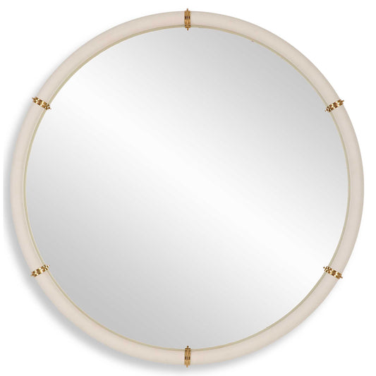 The Cyprus Round Mirror Showcases A White Faux Shagreen Leather Wrap Featuring Brass Plated Steel Bands That Help Elevate This Sophisticated Design.