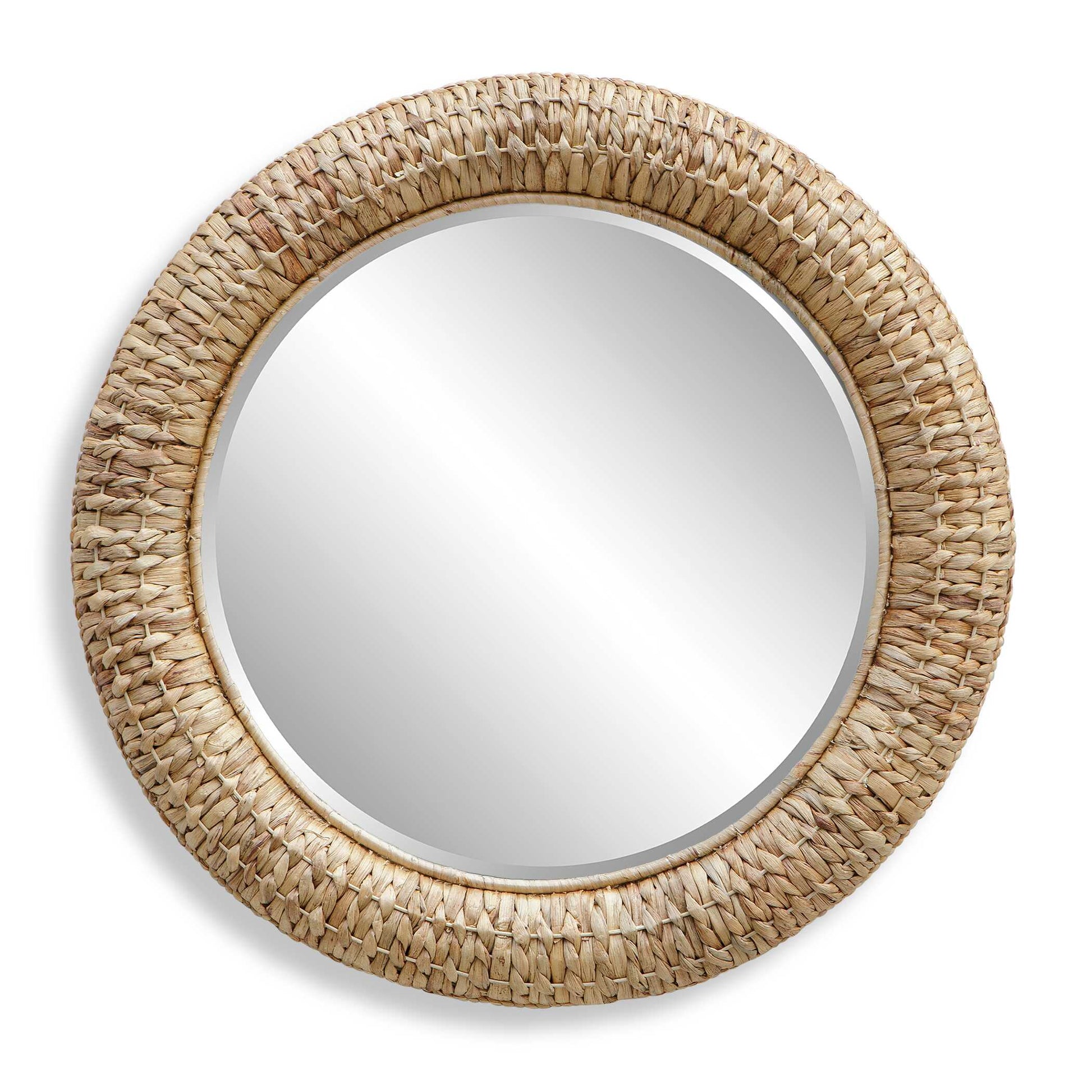 This Round Mirror Has A Great Coastal Vibe By Using Alternating Twisted Natural Seagrass Over A Rounded Frame Accented With Matching Tightly Twisted Edge Banding. Mirror Has A Generous 1 1/4” Bevel.