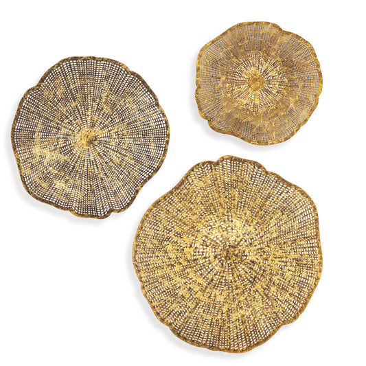Radiant Flowers Of Laser Cut Metal Are Finished In Gold With Natural Distressing To Create Depth And Richness To Any Space. Use Multiple For A More Dramatic Display, Hanging From Any Direction. Sizes: Sm-16x16x2, Med-20x19x3, Lg-24x23x4