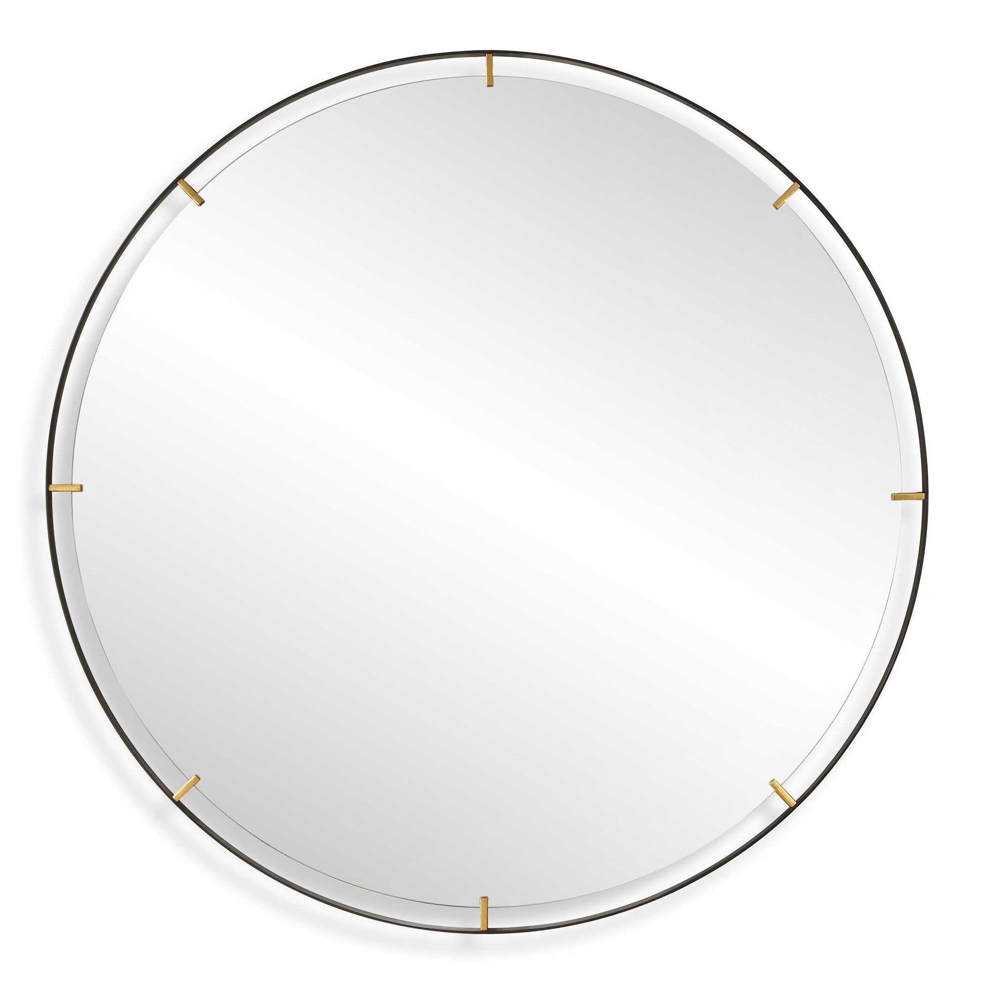 Elevate Your Home Decor With Our Grand Pendulum Round Mirror. Crafted With A Hefty Black Iron Frame Accented By Lightly Antiqued Gold Clips That Help Suspend A Polished Edge Mirror For A Statement Piece In Any Room.