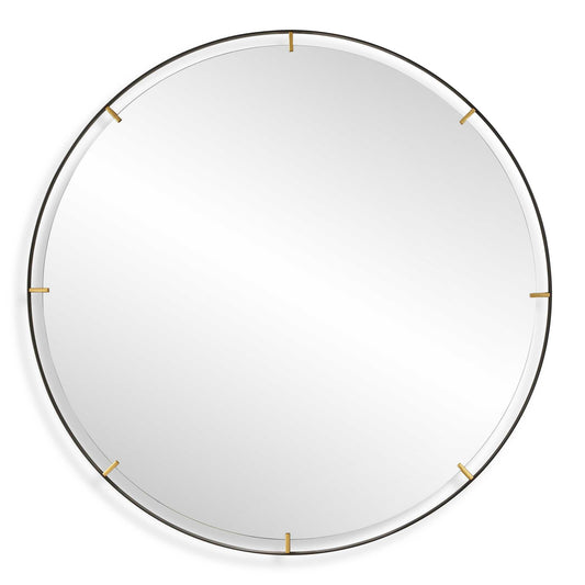 Elevate Your Home Decor With Our Grand Pendulum Round Mirror. Crafted With A Hefty Black Iron Frame Accented By Lightly Antiqued Gold Clips That Help Suspend A Polished Edge Mirror For A Statement Piece In Any Room.