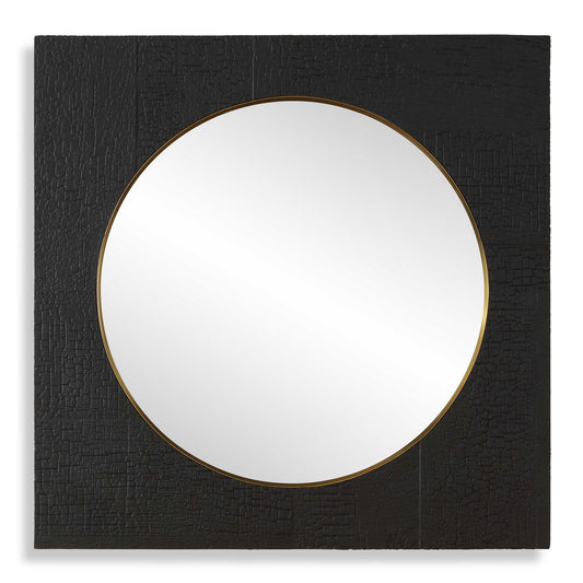 This Square Mirror Emulates The Timeless Art Of Wood Charring, Its Textured Faux Surface Finished In A Rich Black Captures The Essence Of Craftsmanship. Accentuated By A Brass-plated Stainless Steel Inner Band, This Mirror Radiates Sophistication And Style.