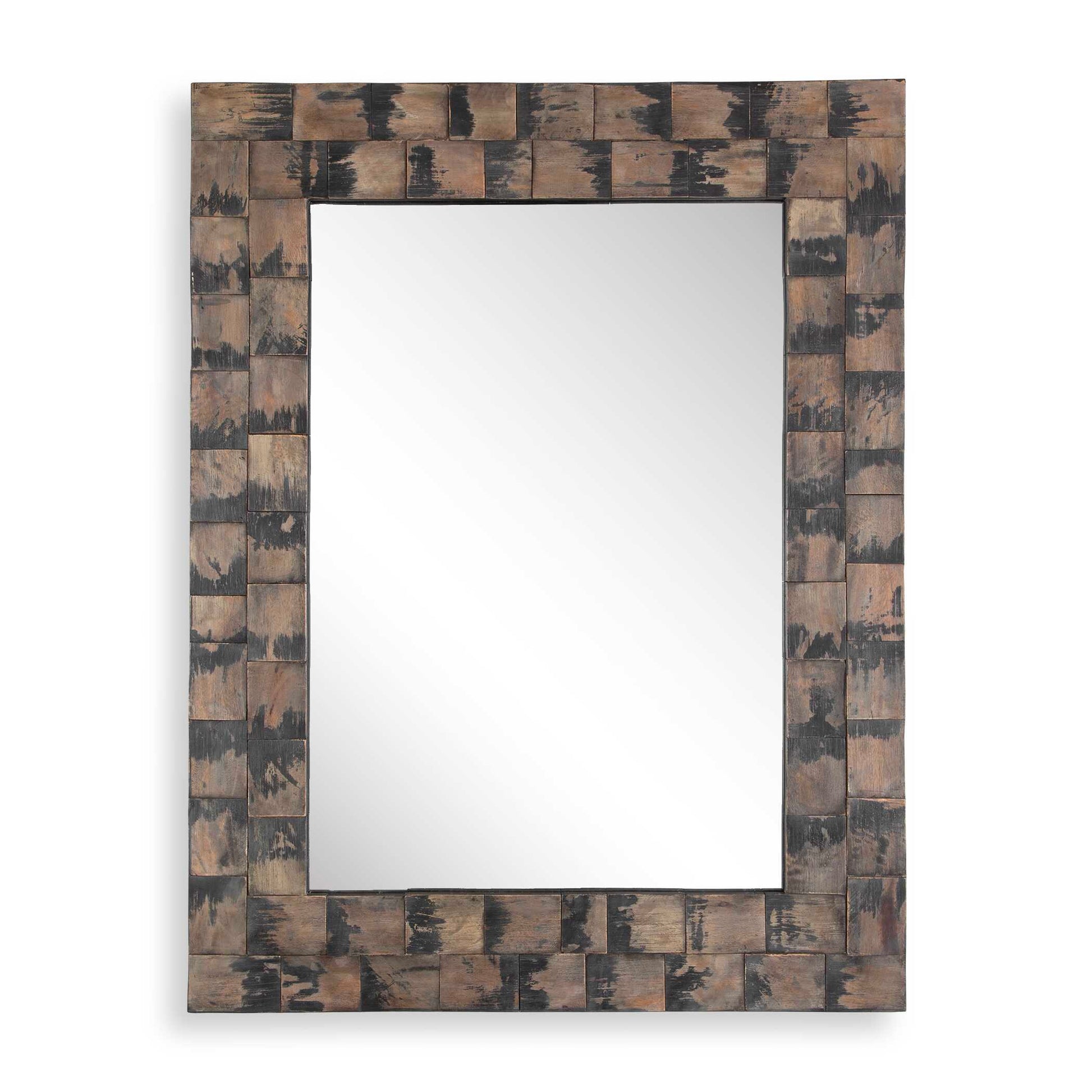 The Burke Mirror Showcases Layered Mahogany Blocks Finished With A Fading, Weathered Black, Brushed Stain That Creates A Striking Design. The Mirror Has A Generous 1" Bevel. May Be Hung Horizontal Or Vertical.