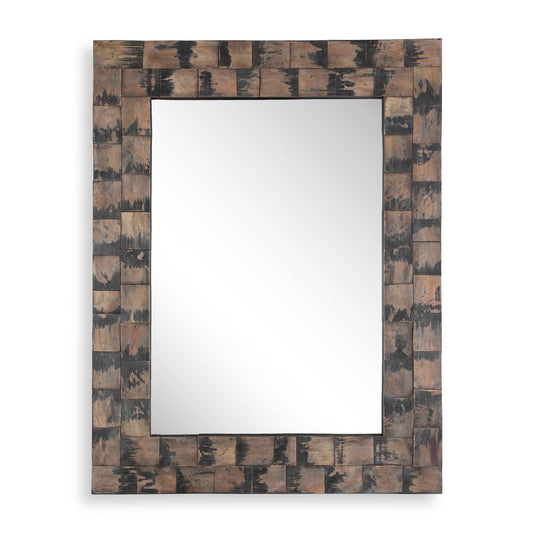 The Burke Mirror Showcases Layered Mahogany Blocks Finished With A Fading, Weathered Black, Brushed Stain That Creates A Striking Design. The Mirror Has A Generous 1" Bevel. May Be Hung Horizontal Or Vertical.