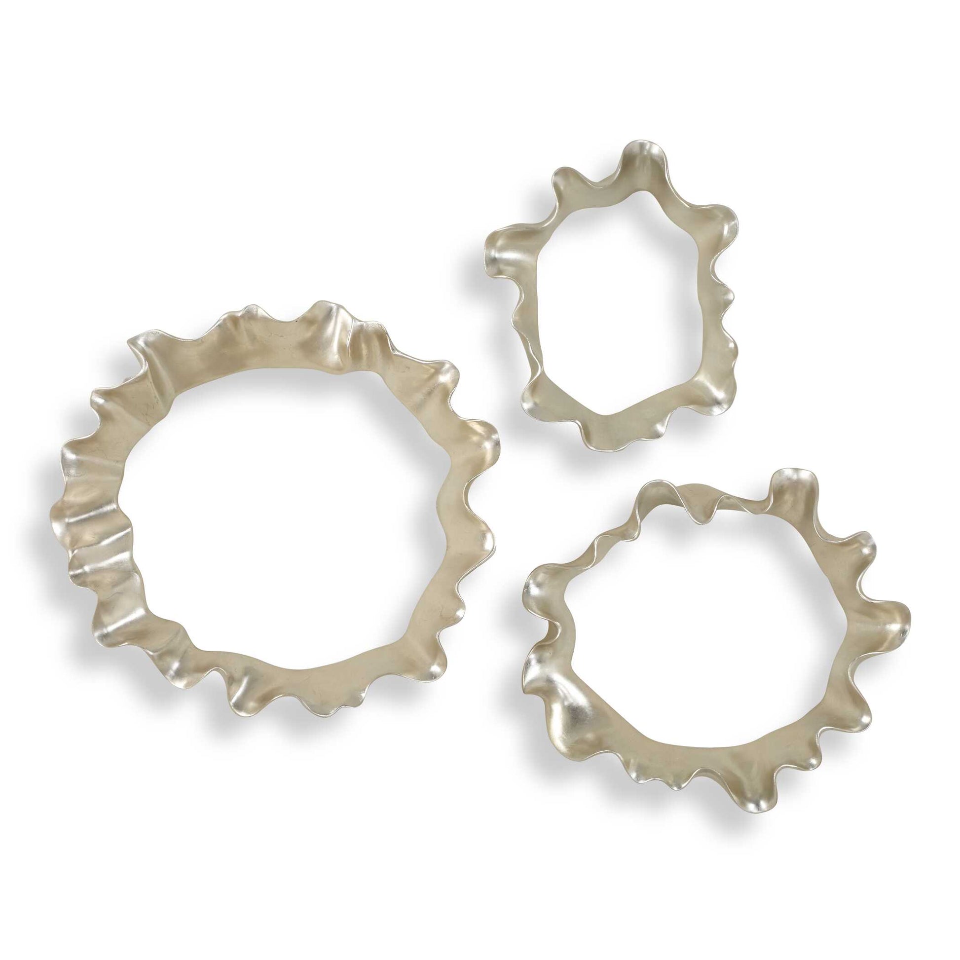 A Captivating Trio Of Sculpted Resin Wall Decor In A Warm Silver Leaf Finish. The Undulating Forms Create A Fluid Motif, Reminiscent Of Ripples In Water. Sizes: Sm-11x13x3, Med-14x16x4, Lg-18x19x3
