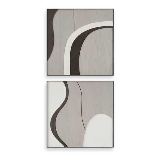 A Contemporary Fusion Of Walnut, Grey, And White-finished Wood Creates A Dynamic Interplay Of Contrasts, Adding Depth And Dimension To This Set Of Wall Decor.